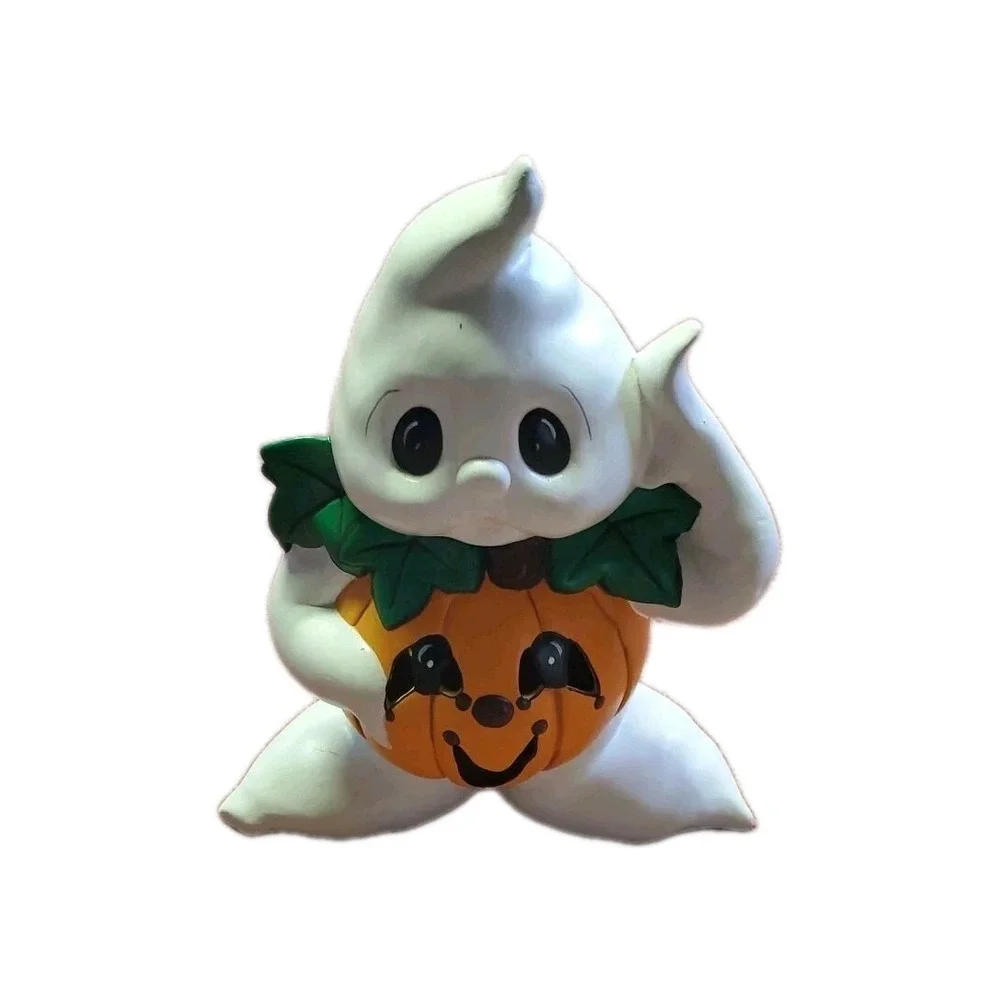 Vintage Ceramic Halloween Ghost Wearing Pumpkin Jack O Lantern Figurine Set 2